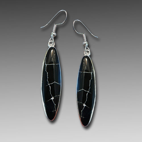 Black dangle silver earrings.