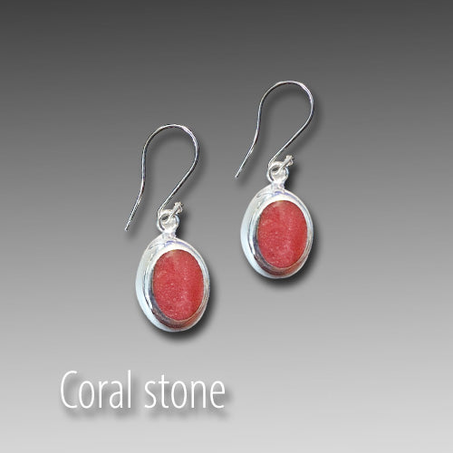 Coral Oval dangle silver earrings.