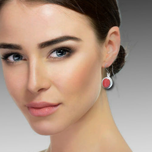 Coral Oval dangle silver earrings.