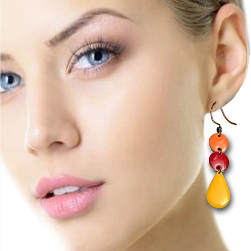 Enamel Coral,Red & Yellow dangle earrings