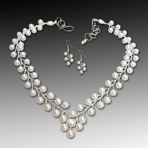 White Pearls V Necklace/ Matching Earring/Bracelet Options.