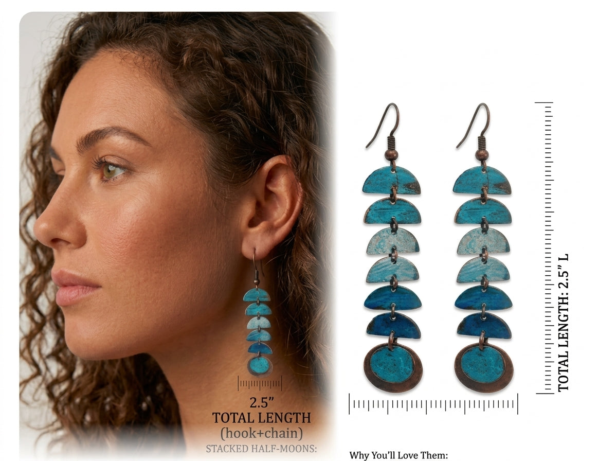 Long Half Moon Copper Patina earrings