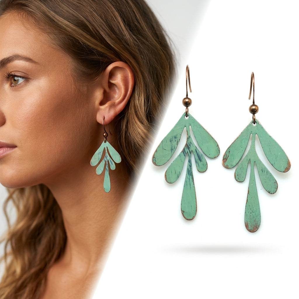 • Handcrafted Botanical Copper Leaf Earrings – Sage Green