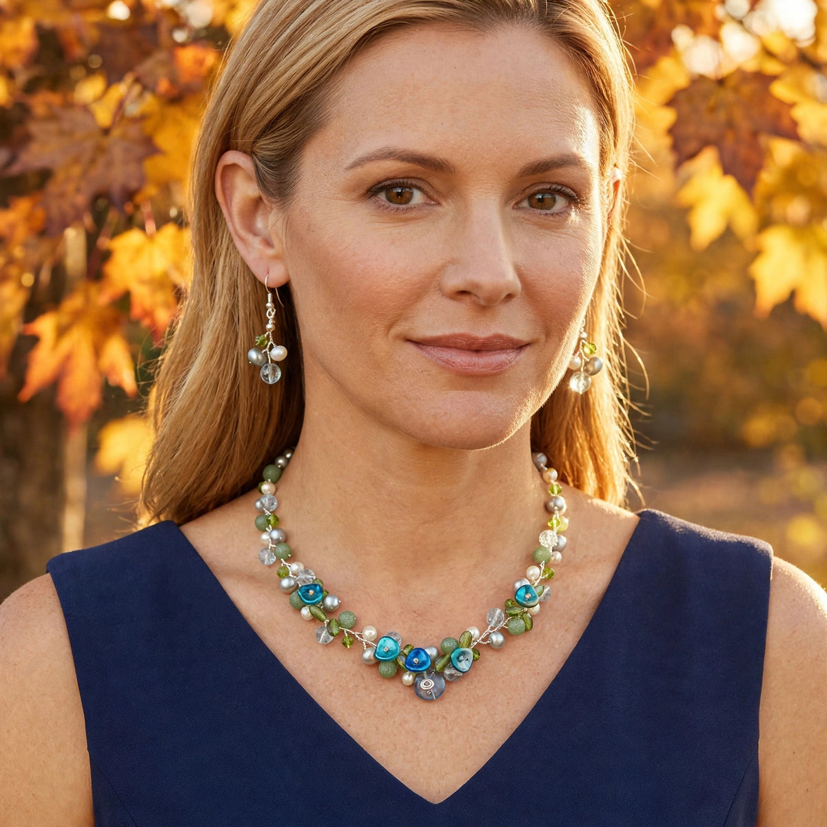 Green Blue Floral Glass Necklace with Matching Earrings