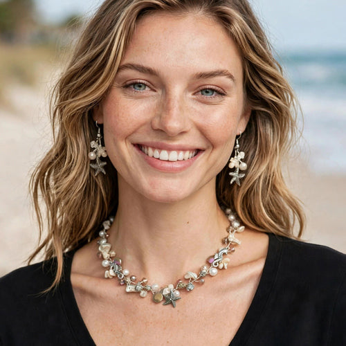 Handcrafted Delicate Seashell & Starfish Necklace and Earring Set