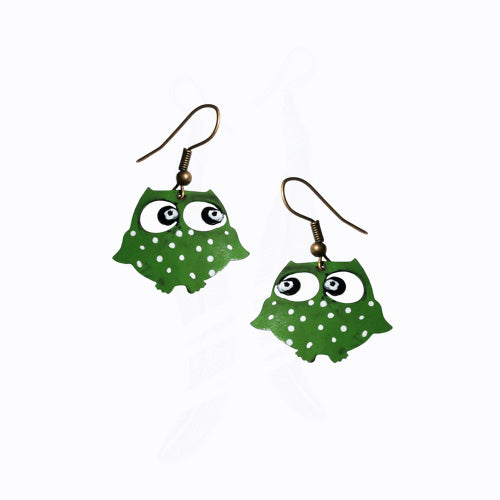 Green Owl Copper Dangle Earrings