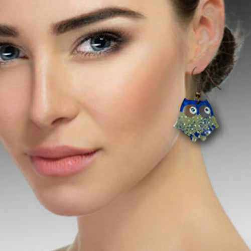 Blue Olive Owl Copper Dangle Earrings.