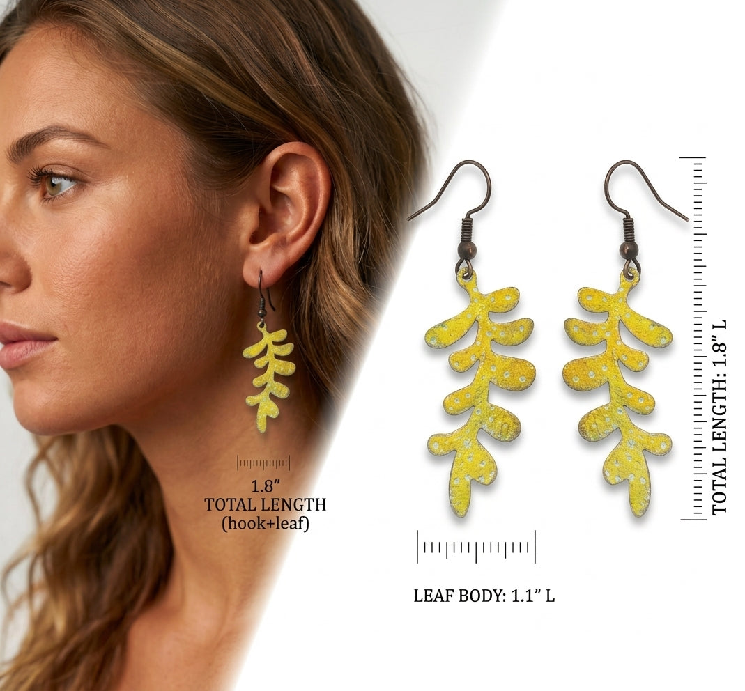 Yellow Delicate Leaf Copper Patina Earrings