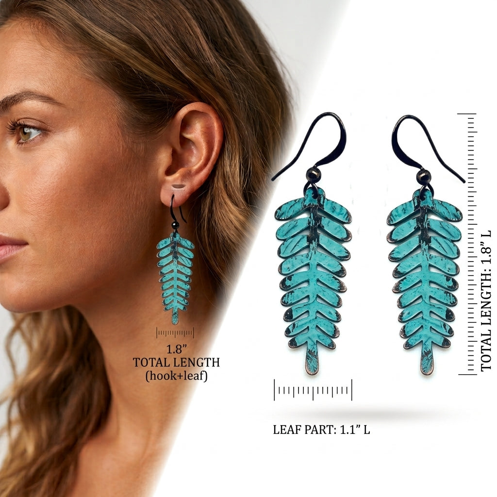 Turquoise Patina Dangling Copper Leaf Earrings
