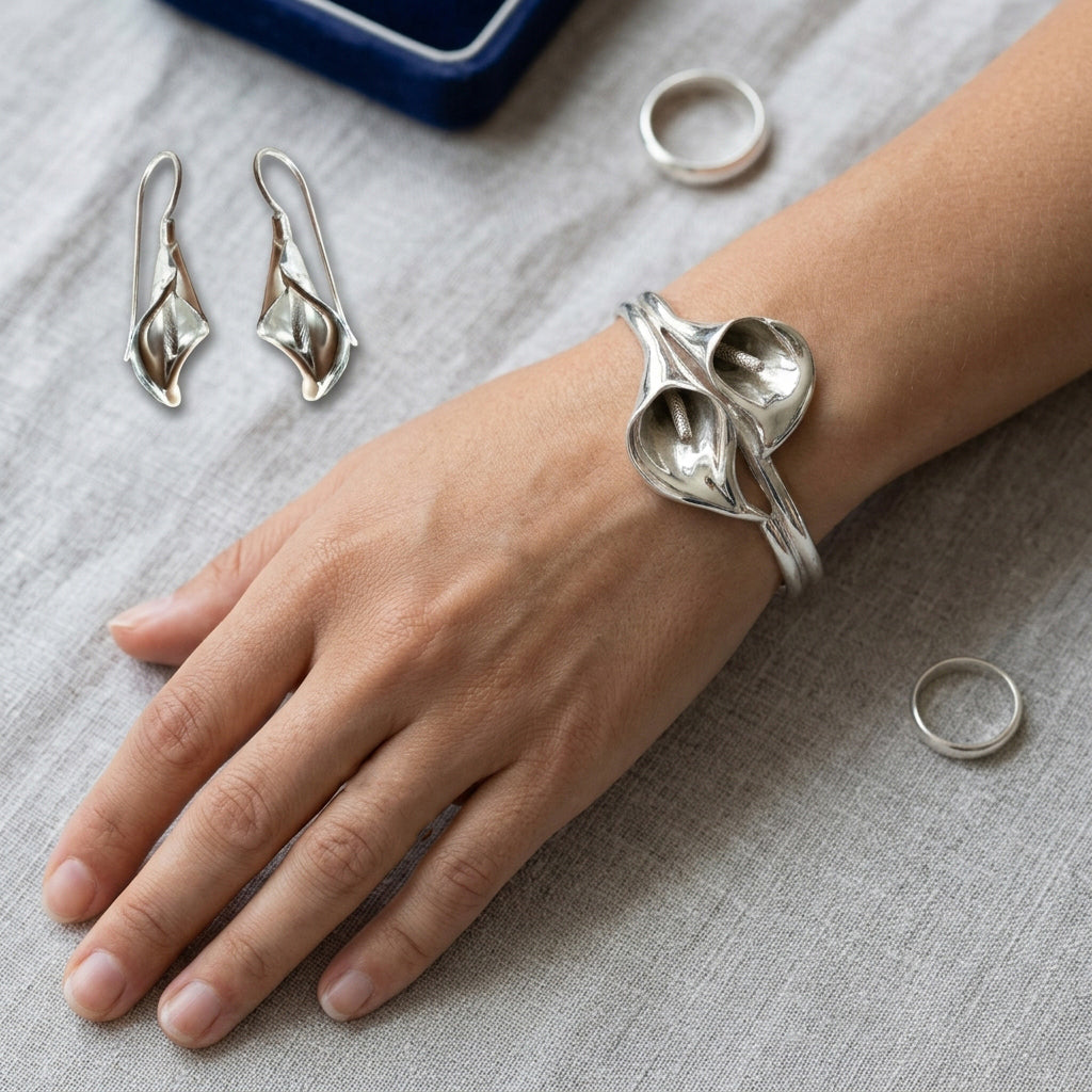 Silver Calla Lily Cuff Bracelet & Earring option.