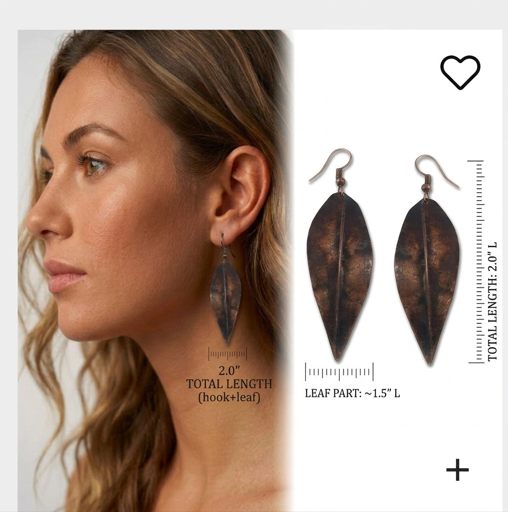 Antique Patina Copper Leaf Drop Earrings