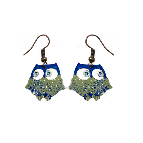 Blue Olive Owl Copper Dangle Earrings.