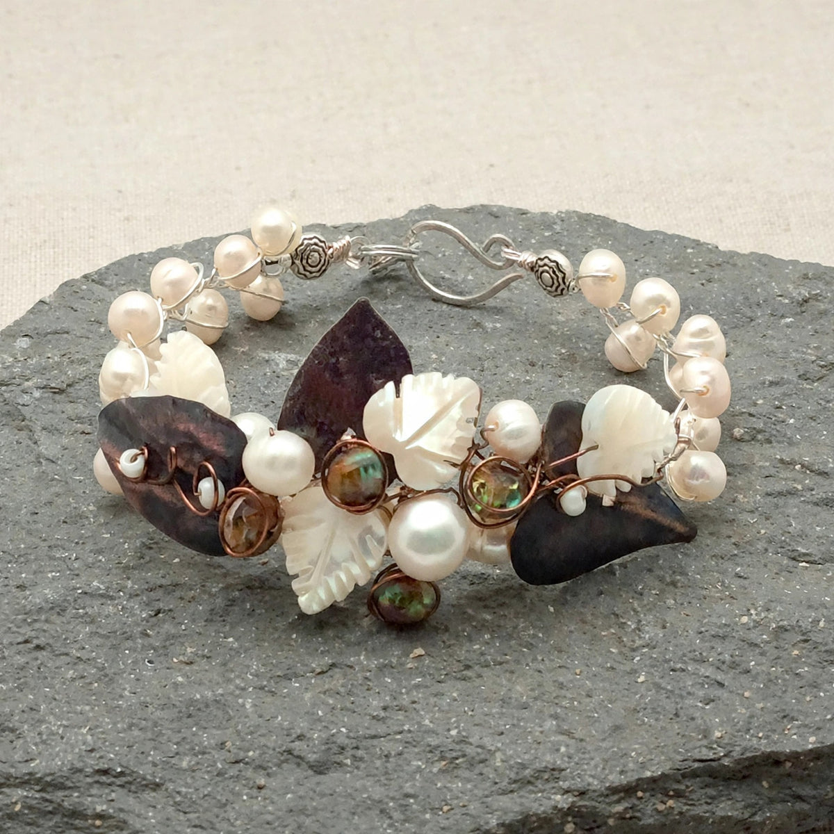 Copper Leaf White Pearl Bracelet