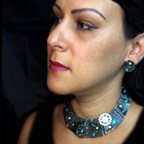 Steampunk Copper Choker with Patina being Modeled
