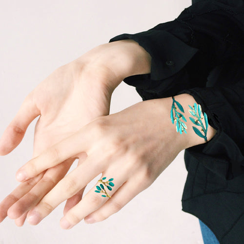 Turquoise Patina Leaf Cuff + Ring