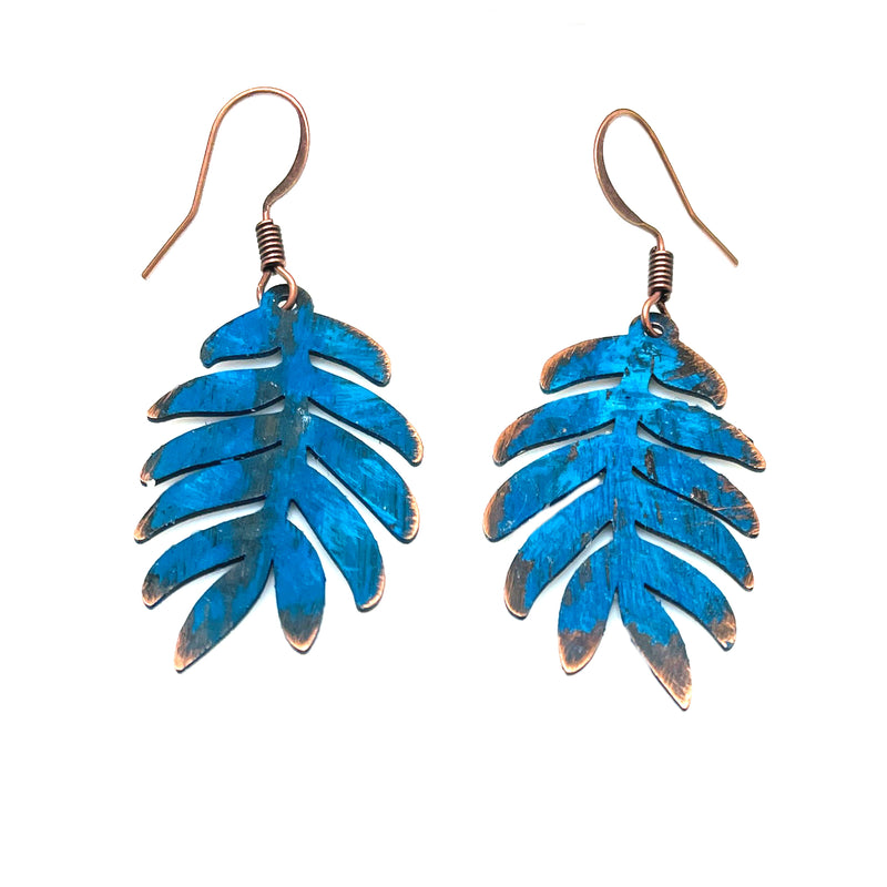 BLUE LEAF COPPER DANGLE EARRINGS