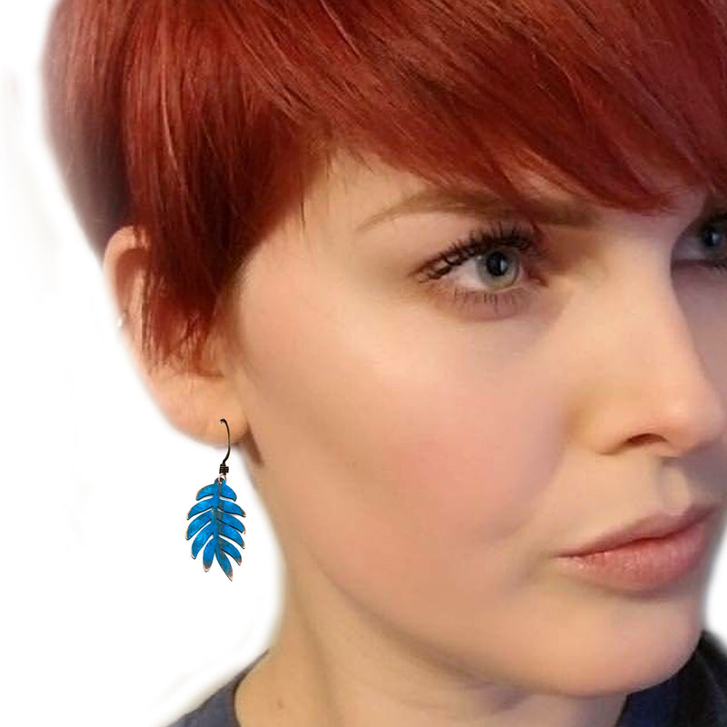 BLUE LEAF COPPER DANGLE EARRINGS