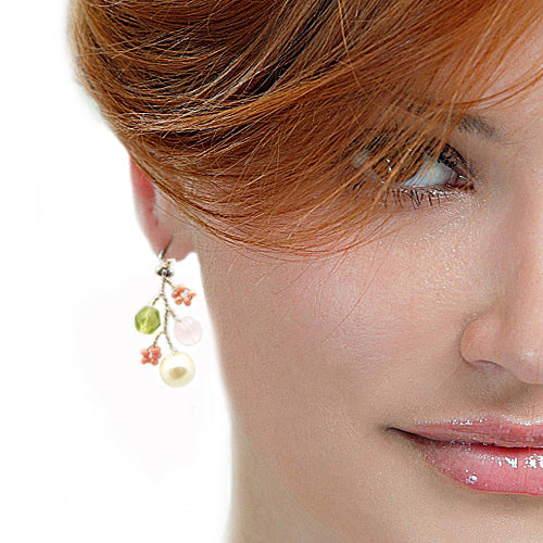 Green Pink Pearls Earrings