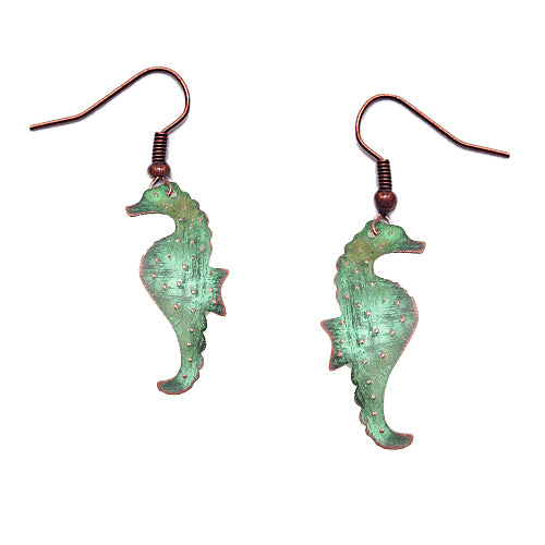 Small Seahorse Patina Copper Earrings