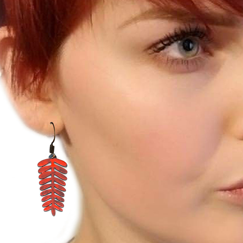 RED ENAMEL COPPER LEAF EARRINGS