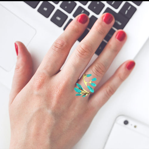 Turquoise Patina Leaf Cuff + Ring